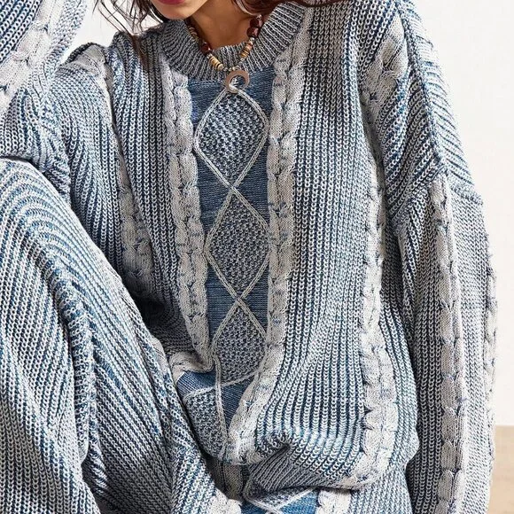 Blue And White Casual Boho Women's Sweater - Picture 3 of 8